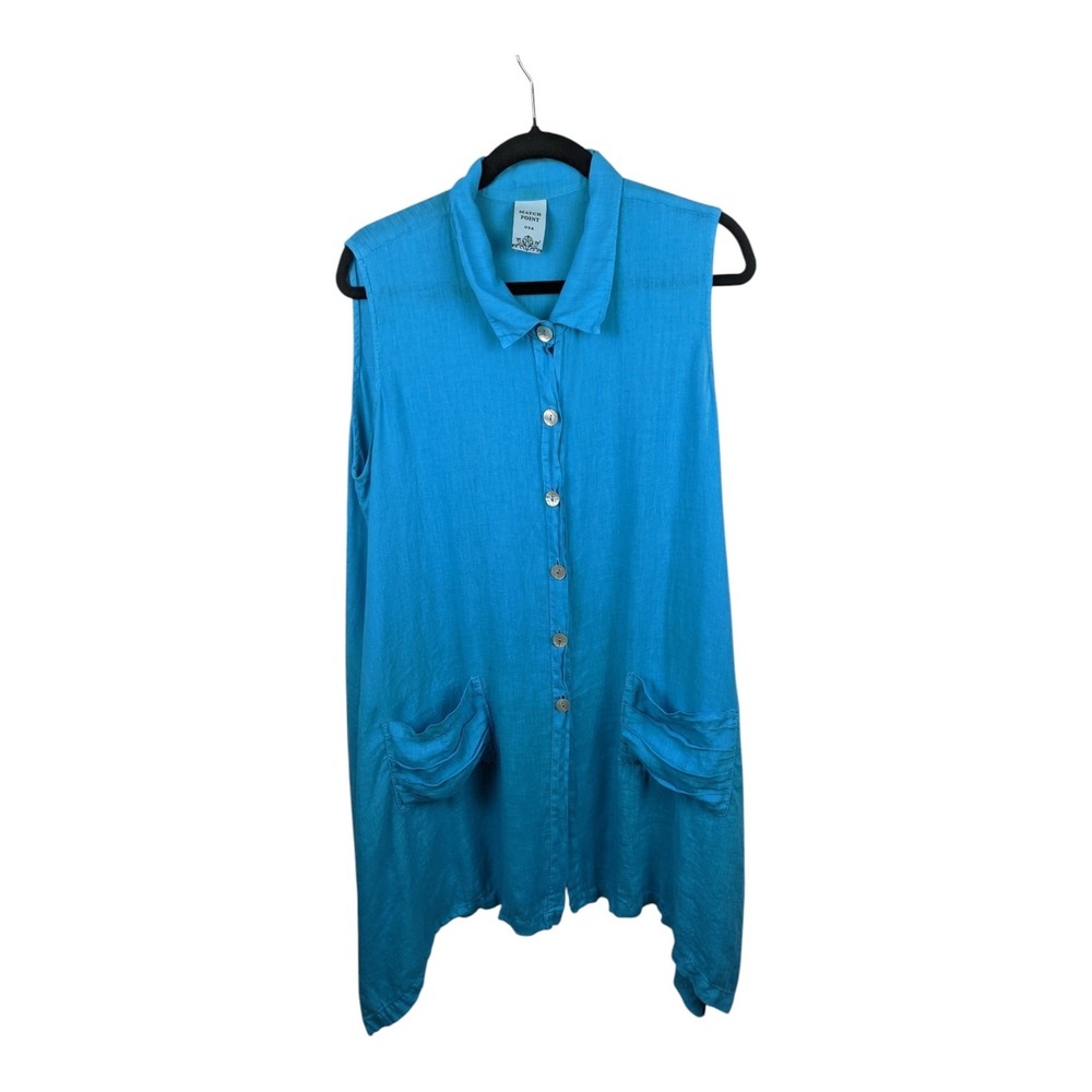 Match Point Womens Linen Tunic Dress Turquoise Blue Sleeveless Sharkbite L